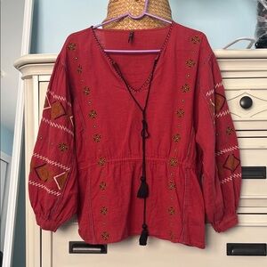 Zara Red Embroidered Blouse with Tassels
